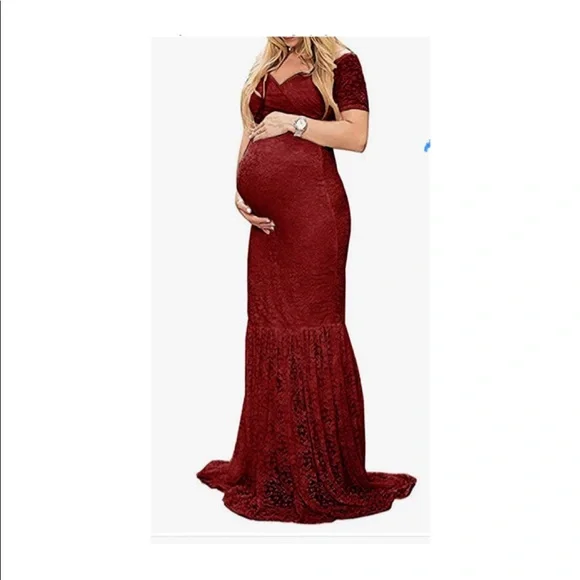 Womens Off Shoulder Short Sleeve V Neck Lace Maternity Gown Maxi | Color: Brown | Size: Sm | Pm-22281456's Closet